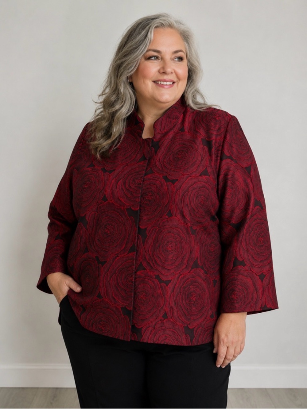 IC By Connie Collection Jacquard Rose Print Open Front Jacket Red/Black Size XXL